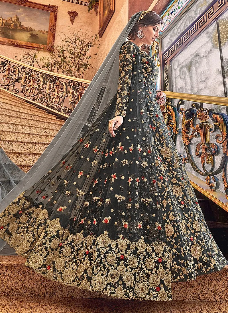 Stunning Grey Designer Net Jacket Anarkali Suit