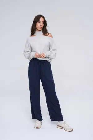 TIE WAIST LOOSE LINEN PANTS IN NAVY / SP-P12423NV