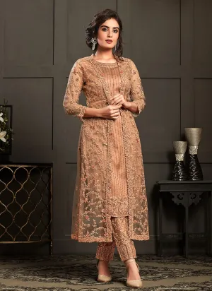 Urbane Peach Embroidered Net Jacket Style Suit