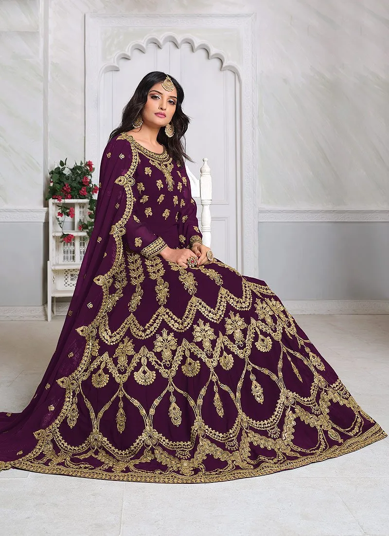 Wine Abaya Style Embroidered Anarkali Suit