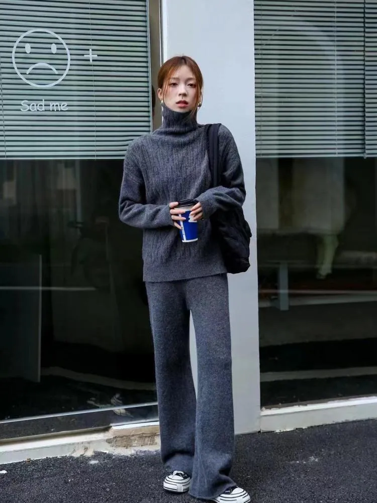 Women Solid Knit Sweater Suit Autumn Winter Casual Turtleneck Pullover High Waist Wide Leg Pants Elegant 2 Piece Sets Lazy Style