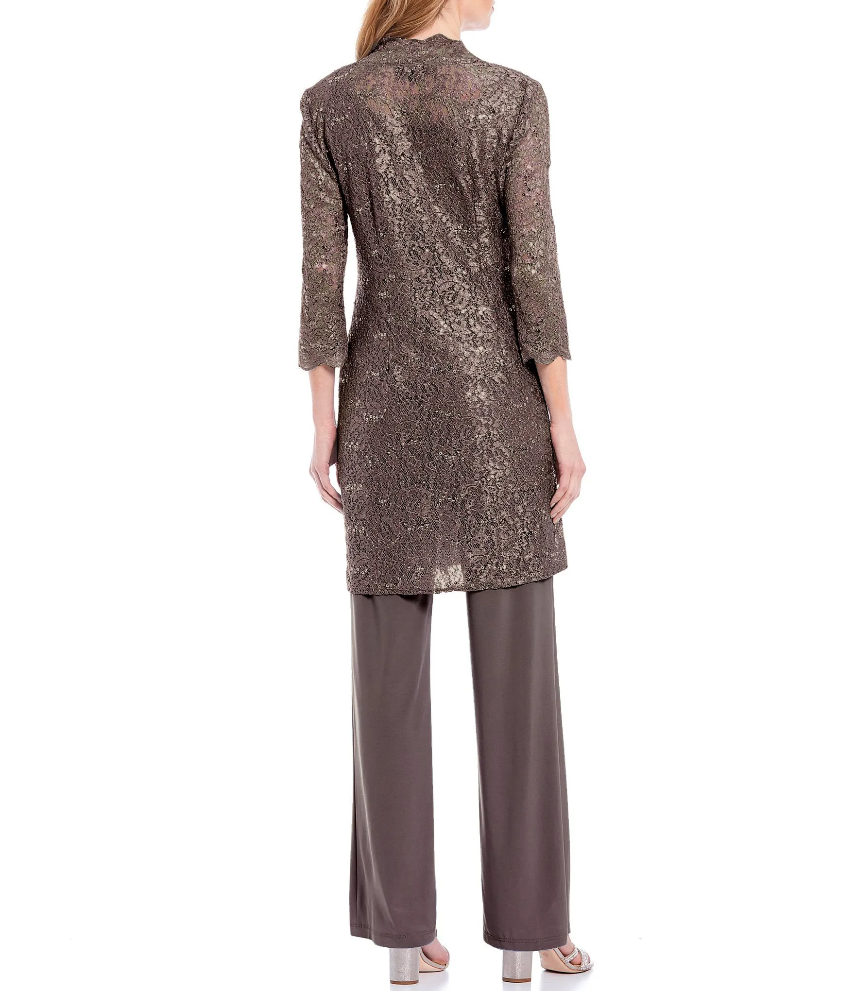 Women's 3 Piece Scalloped Sequin Lace Pant Suit - Mother of the bride pantsuit