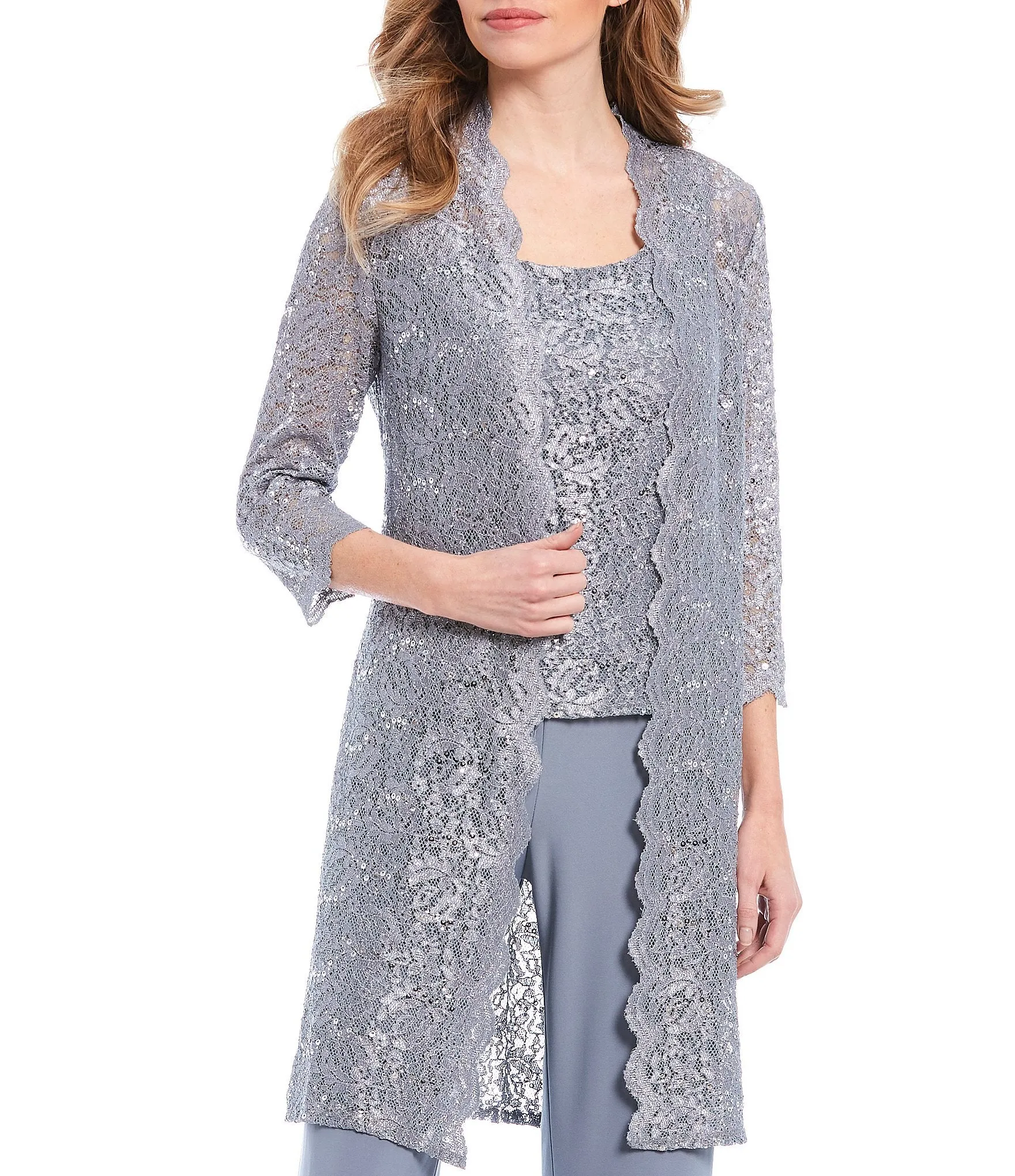 Women's 3 Piece Scalloped Sequin Lace Pant Suit - Mother of the bride pantsuit