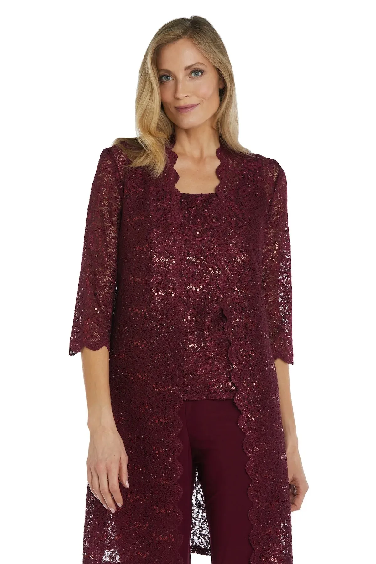 Women's 3 Piece Scalloped Sequin Lace Pant Suit - Mother of the bride pantsuit