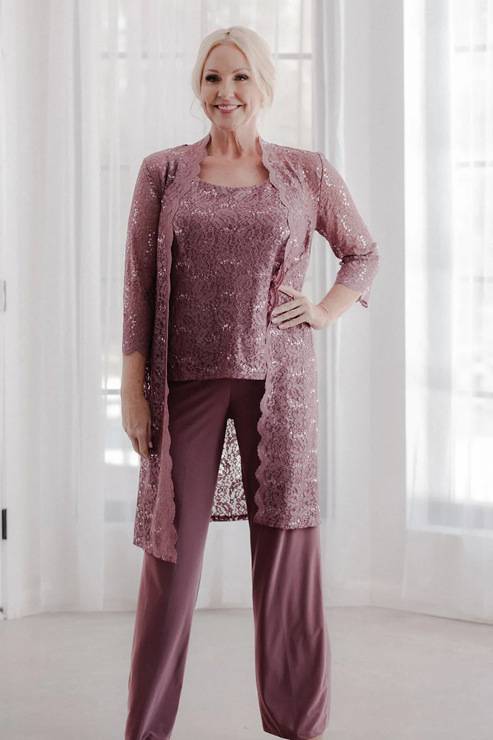 Women's 3 Piece Scalloped Sequin Lace Pant Suit - Mother of the bride pantsuit