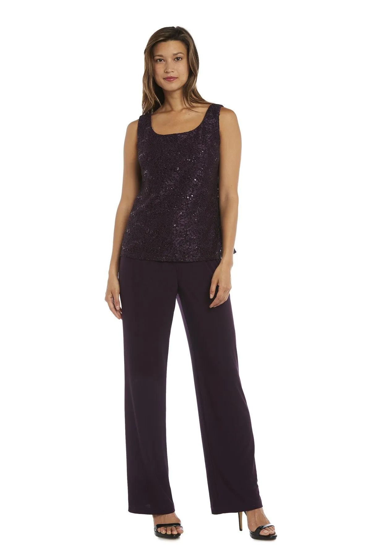 Women's 3 Piece Scalloped Sequin Lace Pant Suit - Mother of the bride pantsuit