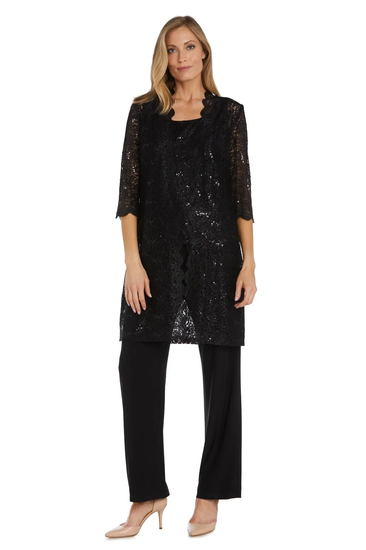 Women's 3 Piece Scalloped Sequin Lace Pant Suit - Mother of the bride pantsuit