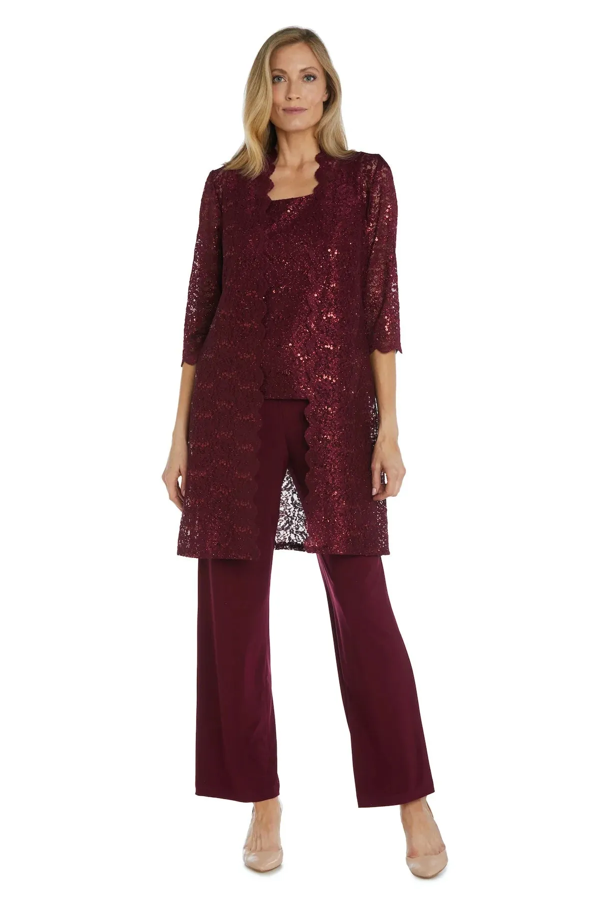 Women's 3 Piece Scalloped Sequin Lace Pant Suit - Mother of the bride pantsuit