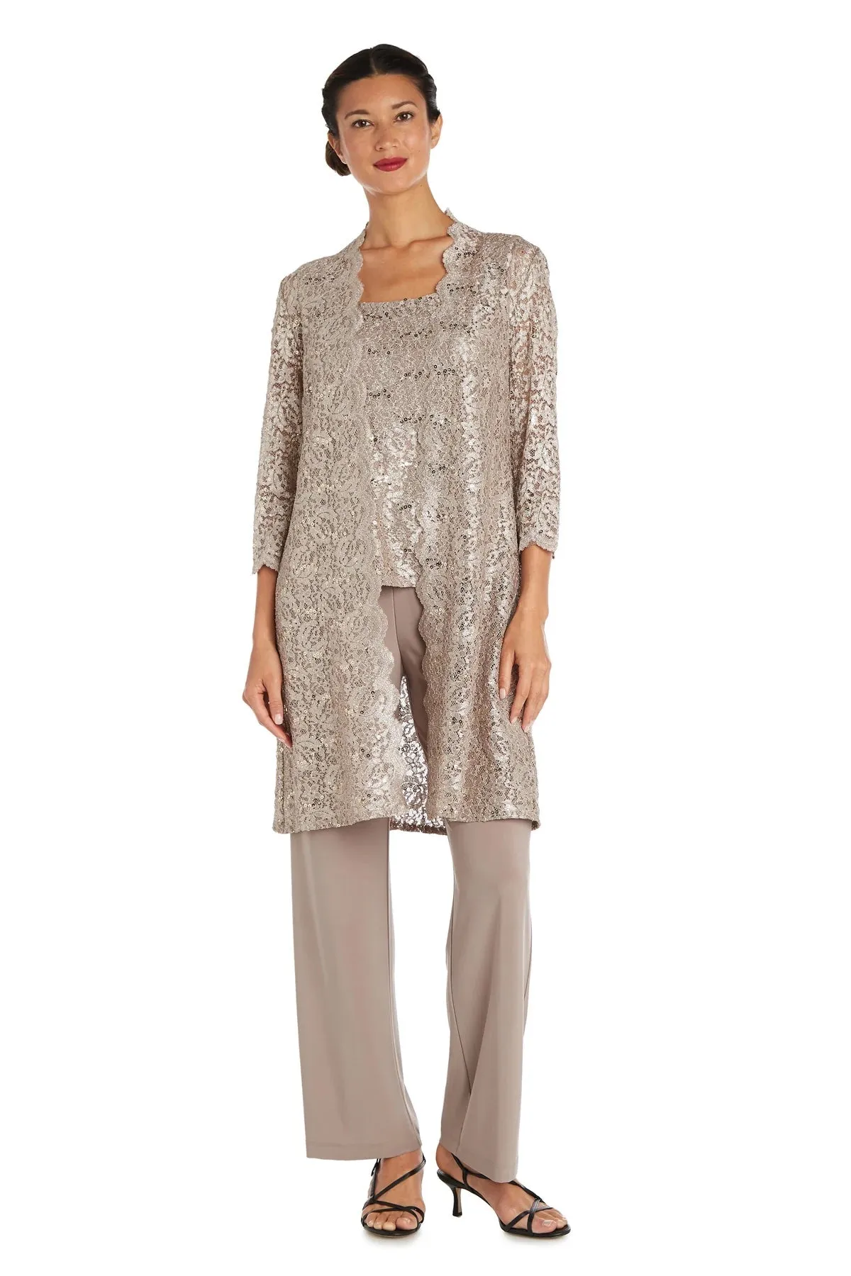 Women's 3 Piece Scalloped Sequin Lace Pant Suit - Mother of the bride pantsuit