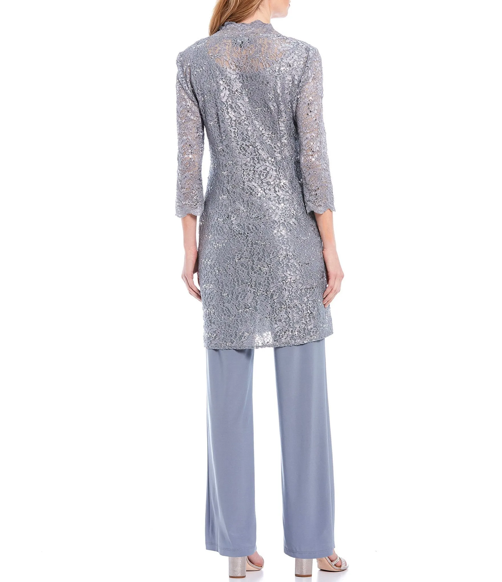 Women's 3 Piece Scalloped Sequin Lace Pant Suit - Mother of the bride pantsuit