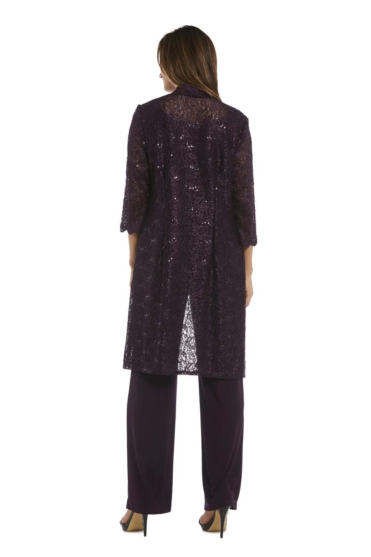 Women's 3 Piece Scalloped Sequin Lace Pant Suit - Mother of the bride pantsuit